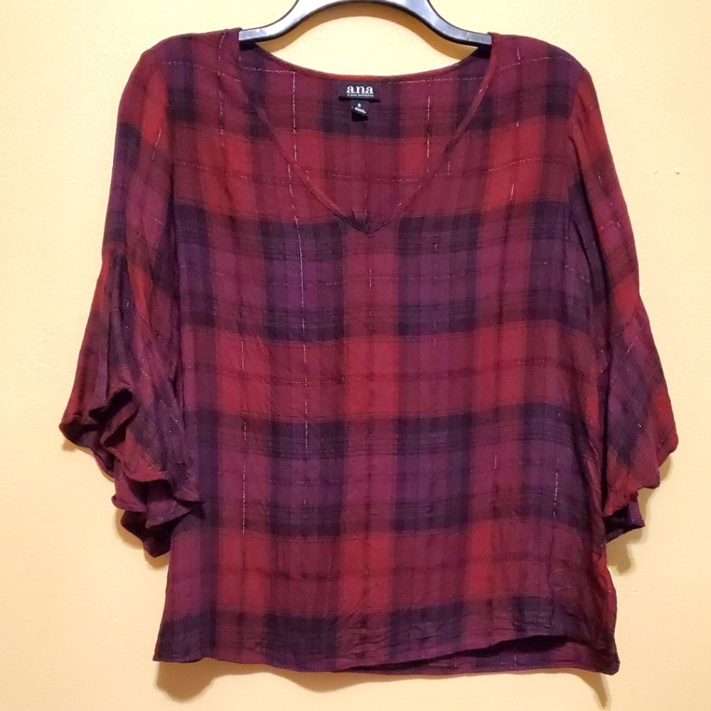 A.n.a Red Glitter Plaid Shirt with Bell Sleeves